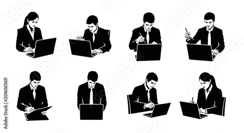 Business professionals working on laptops, diverse office worker set