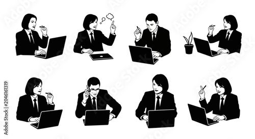 Business Professionals Working on Laptops, Set of Isolated Silhouettes