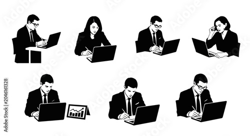 Business Professionals Working on Laptops, Monochrome Vector Set