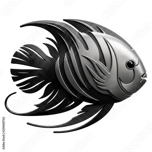 Futuristic metallic fish sculpture made of brushed steel and black carbon fiber texture, modern mechanical marine animal logo on white background