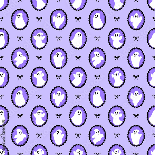 Seamless Halloween pattern with cartoon ghosts in frames and black bows