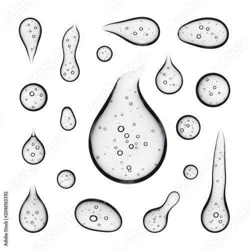 Assorted water droplets and various liquid forms in a minimalistic illustration