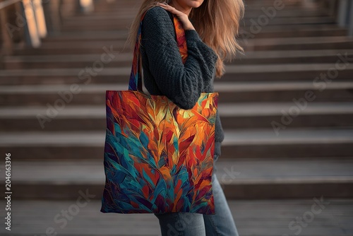 large canvas tote bag with modern abstract art print