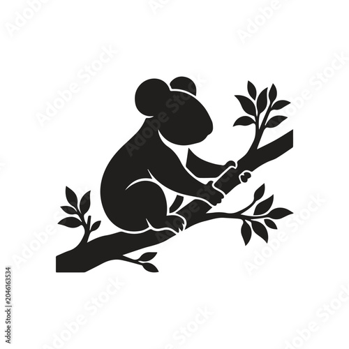 Photography Minimalist black silhouette graphic of a koala on a branch with silhouette