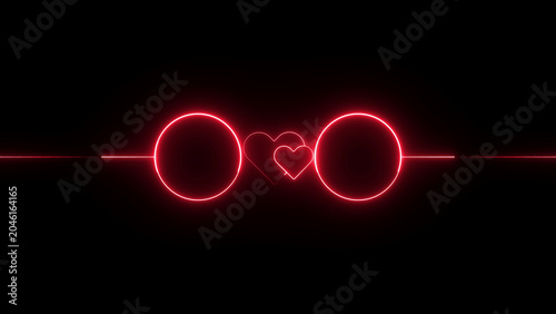 Romantic neon red heart shapes with glowing circles and horizontal lines on black background