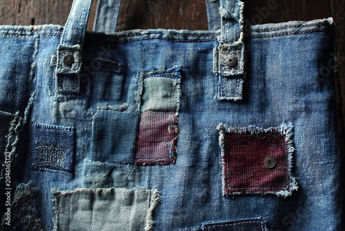 rugged denim tote bag with stitched patches and raw edges