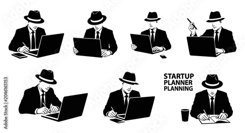 Businessman in a fedora hat working on laptop and writing notes