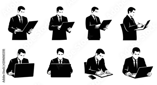 Businessman silhouettes working with laptop and documents, professional set