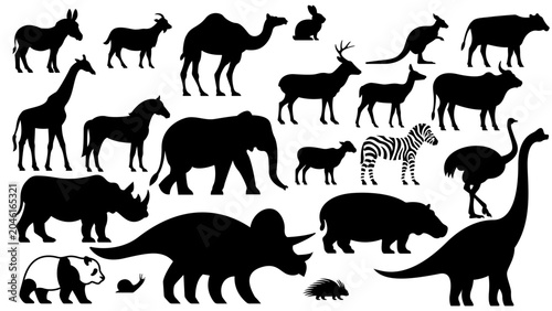 Tableau sur toile Black silhouettes of various herbivorous animal vector icon set.
