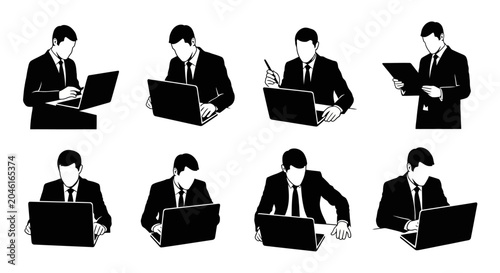 Businessman silhouettes working with laptops, professional office set