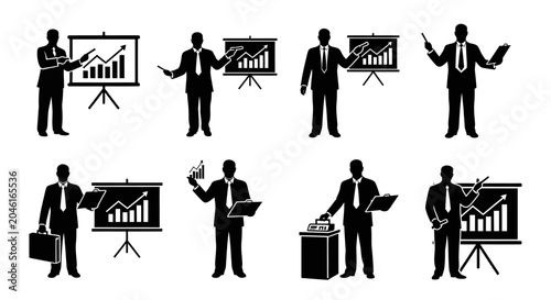 Businessmen Presenting Financial Charts and Data, Professional Icons