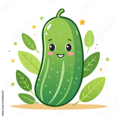 Cute happy cucumber character with leaves and stars
