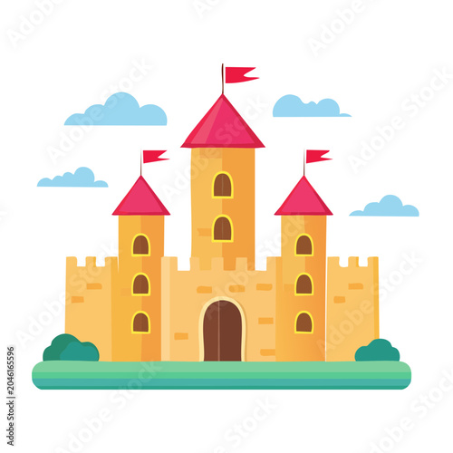 Flat design illustration of a fairytale castle with flags and clouds