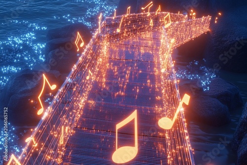 Musical bridge illuminated with shining notes creating a harmonious atmosphere at night