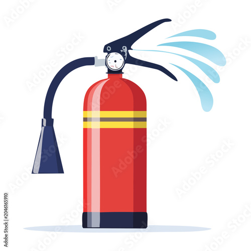 Red fire extinguisher spraying water in flat design style