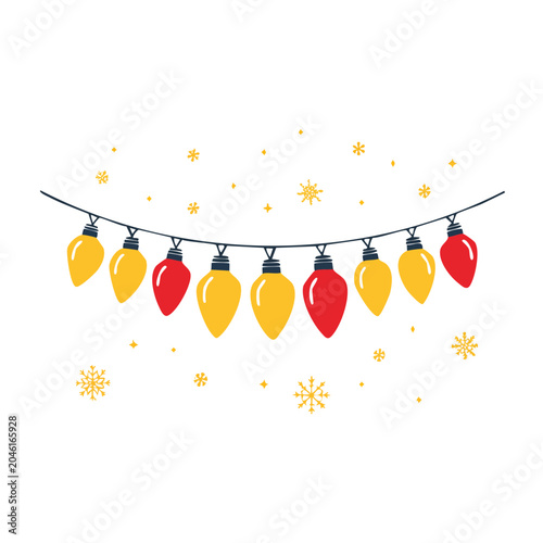 Red and yellow string lights with snowflakes