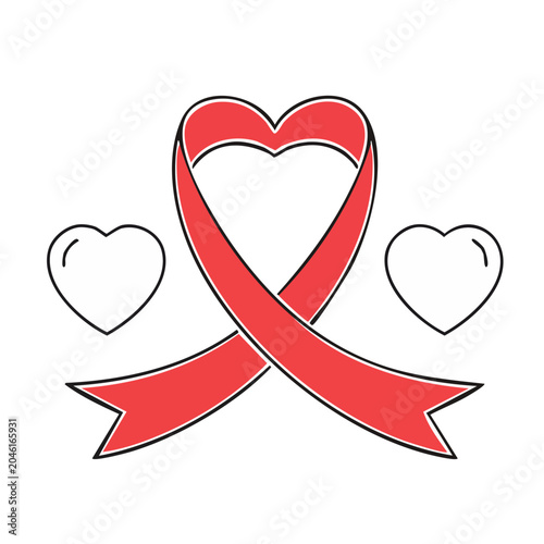Red ribbon forming a heart shape with outline hearts