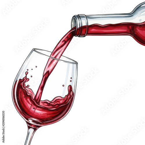 A close-up view of a glass being filled with red wine from a bottle