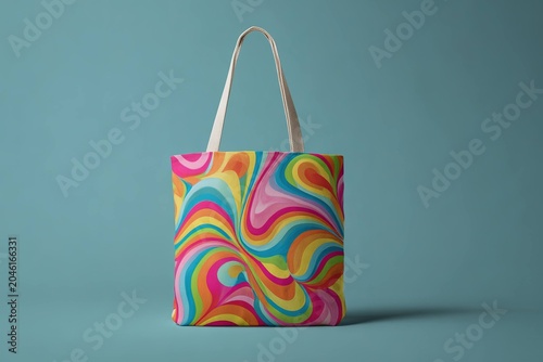 tote bag featuring retro 70s psychedelic swirls and bright colors