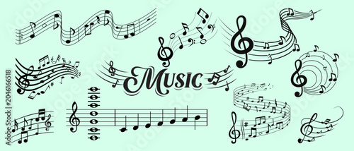 Fotografie Stylized music banner with flowing stave lines, clefs, notes, and elegant typography focal point