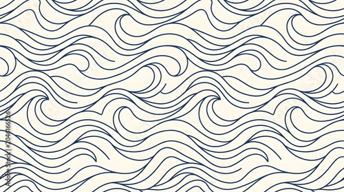 Seamless Japanese Style Blue Wave Line Art Pattern Background
