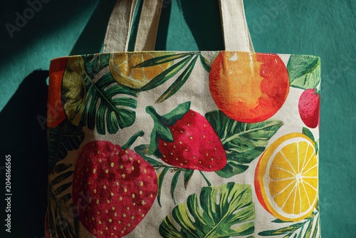 tote bag with bright tropical fruit prints in vivid colors
