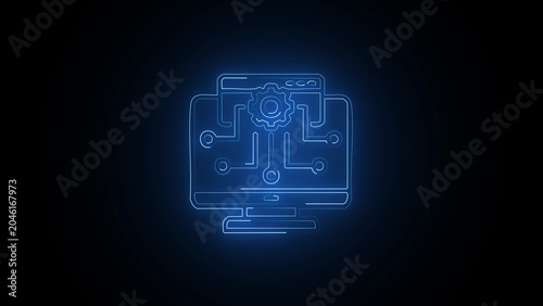 Blue neon computer monitor with circuit board and gear icon technology development concept
