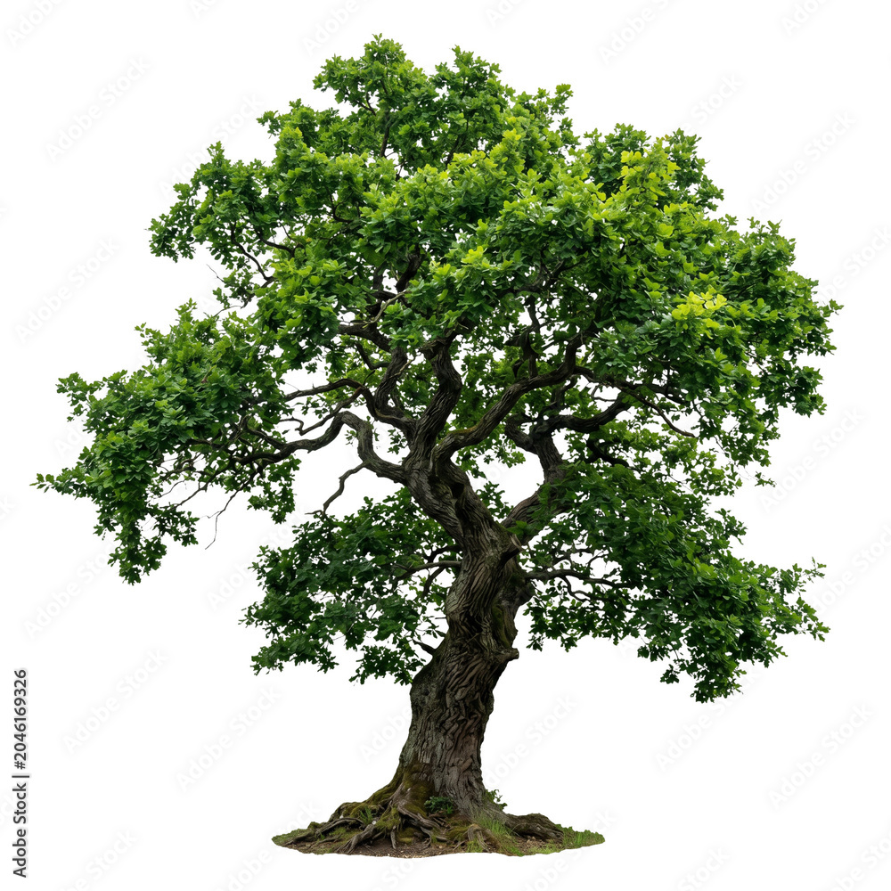 Obraz premium Large green oak tree with dense leaves isolated on transparent background