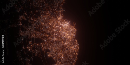Odessa (Ukraine) night view with street lights. Aerial shot from space. top view heading north, . 3d render, Illustration