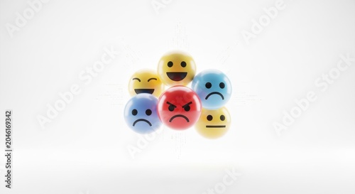 Group of diverse emoji faces showing different emotions 3D render