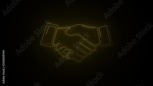 Yellow neon handshake icon in circle on black background