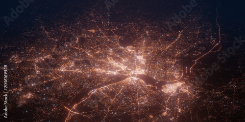 Louisville (USA, Kentucky) night view with street lights. Aerial shot from space. perspective view heading south, 