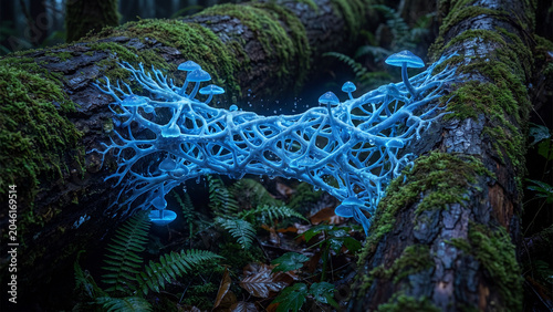 Mystical glowing blue fungi and mycelium network connecting mossy logs in a dark forest.
