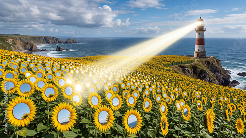 Surreal coastal landscape with a lighthouse beaming light over a field of sunflowers with mirrors.