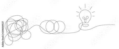 Fotografía A single continuous line transforms from a tangled mess into neat loops, then forms a glowing lightbulb, illustrating problemsolving, creativity, and the journey to a brilliant idea