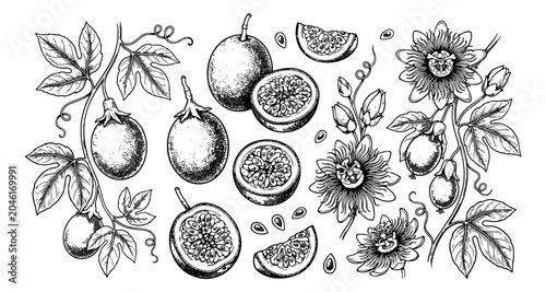 Bild auf Leinwand Vintage passion fruit botanical illustration set, hand drawn maracuya sketch wit