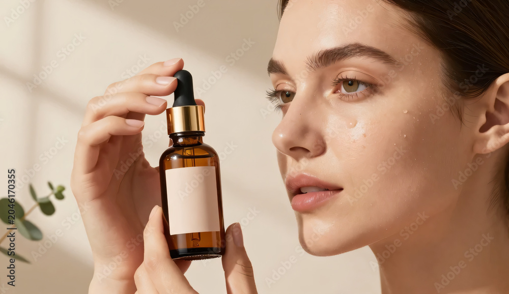 Fototapeta premium Beautiful young woman holding blank amber glass dropper bottle for skincare mockup, fresh hydrated skin with water drops, generative AI 