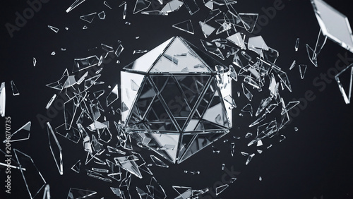 Shattered glass geometric shape with flying fragments on dark background