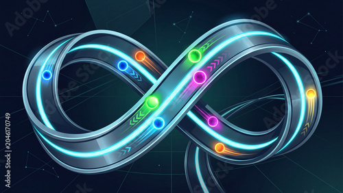 Futuristic infinity loop track with glowing colorful spheres in a digital space concept