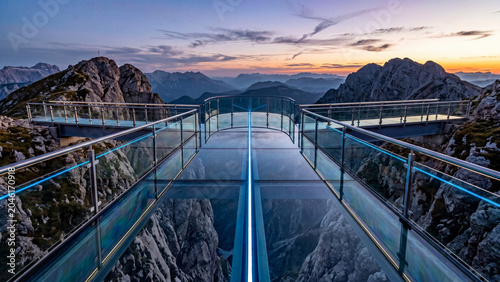 Modern glass skywalk and observation deck on a majestic mountain peak at sunset.