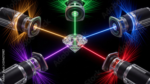 Colorful laser beams from multiple emitters converge on a sparkling diamond, illustrating light technology and precision.