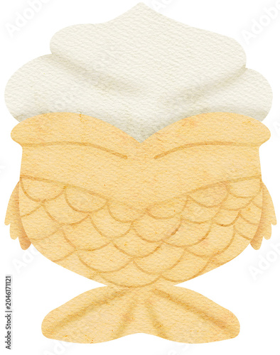Cute hand drawn bungeoppang fish bread filled with custrad, retro Asian street food dessert clip art, Watercolor taiyaki illustration isolated on background
