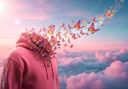 Person's head dissolving into a cloud of butterflies over fluffy clouds at sunrise