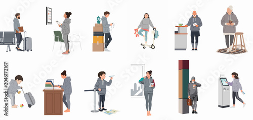Foto A diverse group of people wearing grey hoodies in an airport terminal, engaged in various travel-related activities such as check-in and waiting