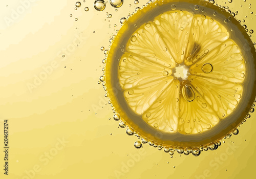 Photos A fresh lemon slice submerged in sparkling carbonated water with bubbles