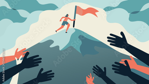 Obraz na płótnie Person running with red flag atop a stylized mountain vector illustration with r