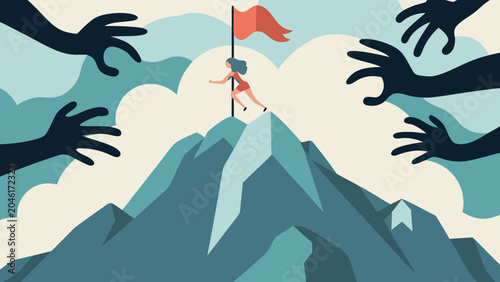 Quadro su tela Person Climbing Mountain With Reaching Hands A Vector Illustration With A Light
