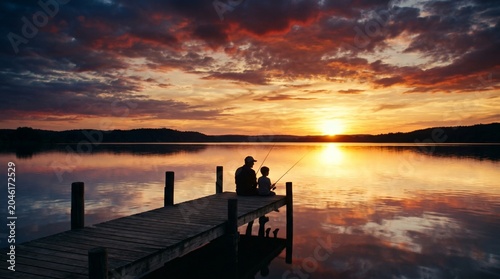 Silhouette of father and son sitting on a wooden pier and fishing at a beautiful golden lake sunset