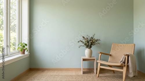 Minimalist living room with sage green wall and woven chair