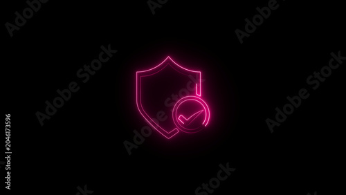 Neon pink security shield icon with verified check mark representing protection and digital safety measures